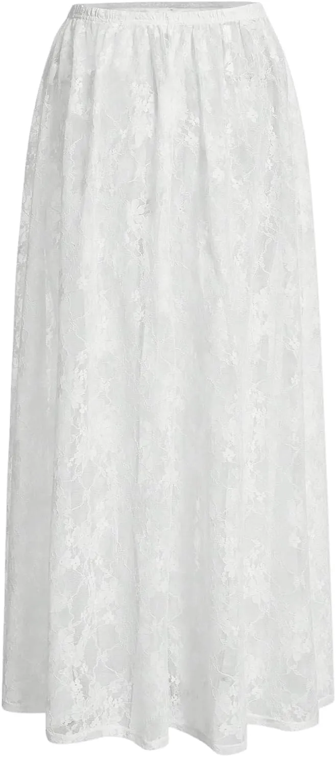 Verdusa Women's See Through Lace Skirts Elastic High Waist Sheer A Line Long Skirt
