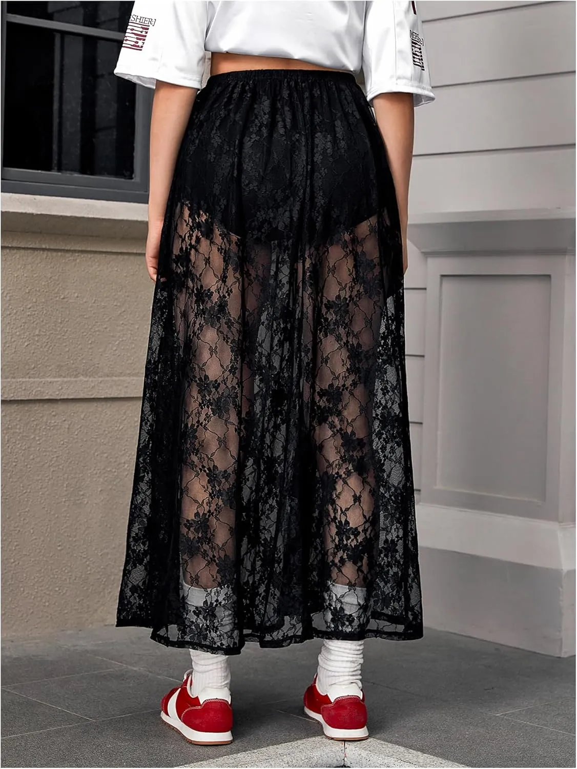 Verdusa Women's See Through Lace Skirts Elastic High Waist Sheer A Line Long Skirt