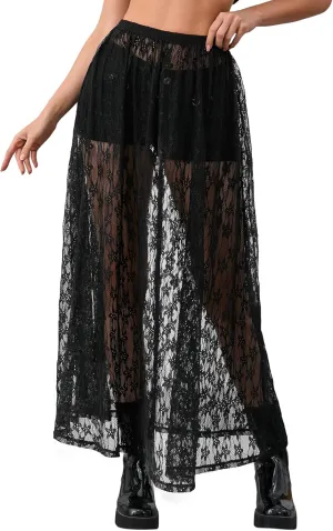 Verdusa Women's See Through Lace Skirts Elastic High Waist Sheer A Line Long Skirt