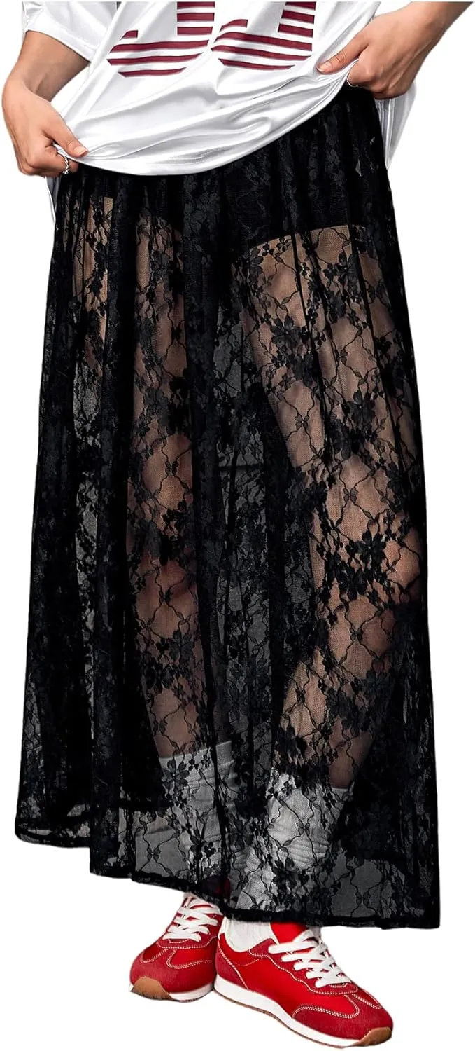 Verdusa Women's See Through Lace Skirts Elastic High Waist Sheer A Line Long Skirt