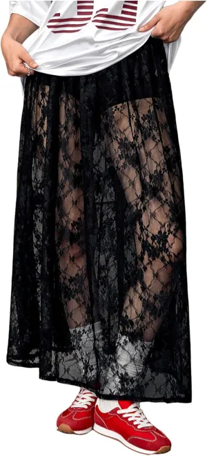 Verdusa Women's See Through Lace Skirts Elastic High Waist Sheer A Line Long Skirt