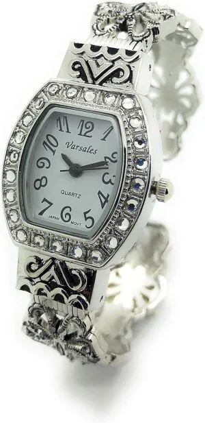 VERSALES Ladies Vintage Style Decorated Metal Bangle Cuff Fashion Analog Quartz Watch with Rhinestones White Dial with Easy to Read Black Numbers Black Hour Minute Second Hands Varsales