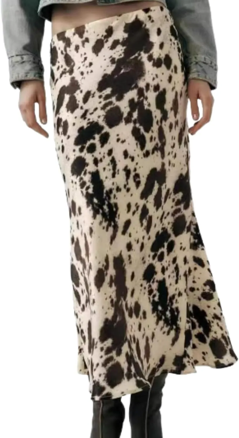 Vhitler Cow Print Womens Maxi Skirt Bodycon Satin Y2k Skirts Trendy 2025 Sexy Cowgirl Outfits