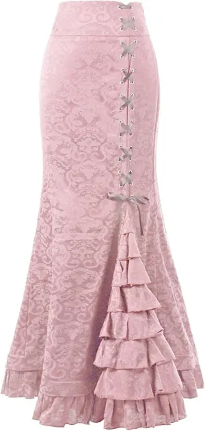 Victorian Pencil Skirt for Women Vintage Steampunk Lace up Tiered Ruffle Maxi Skirts High Waisted Long Mermaid Fishtail Skirt