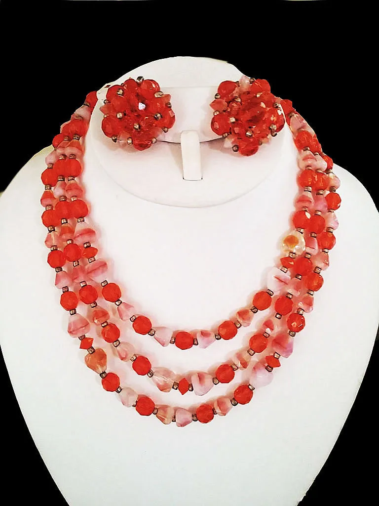 *VINTAGE 3-PIECE SET CRYSTAL GLASS & ART GLASS NECKLACE, EARRINGS & WIRE WRAP BRACELET PARURE IN ORANGE PEEL - MADE IN WEST GERMANY