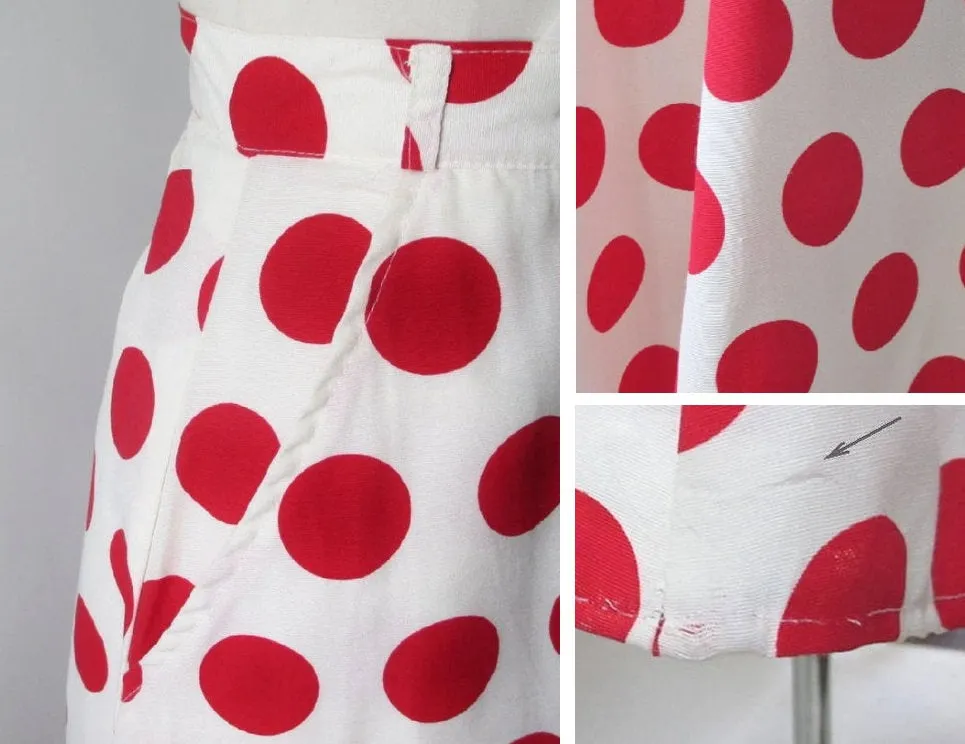 Vintage 70's 40's  White Red Polka Dot A Line Swing Skirt S