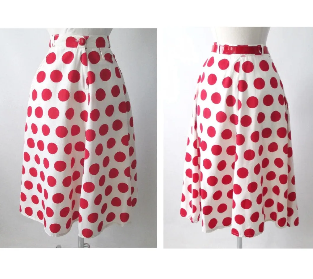 Vintage 70's 40's  White Red Polka Dot A Line Swing Skirt S