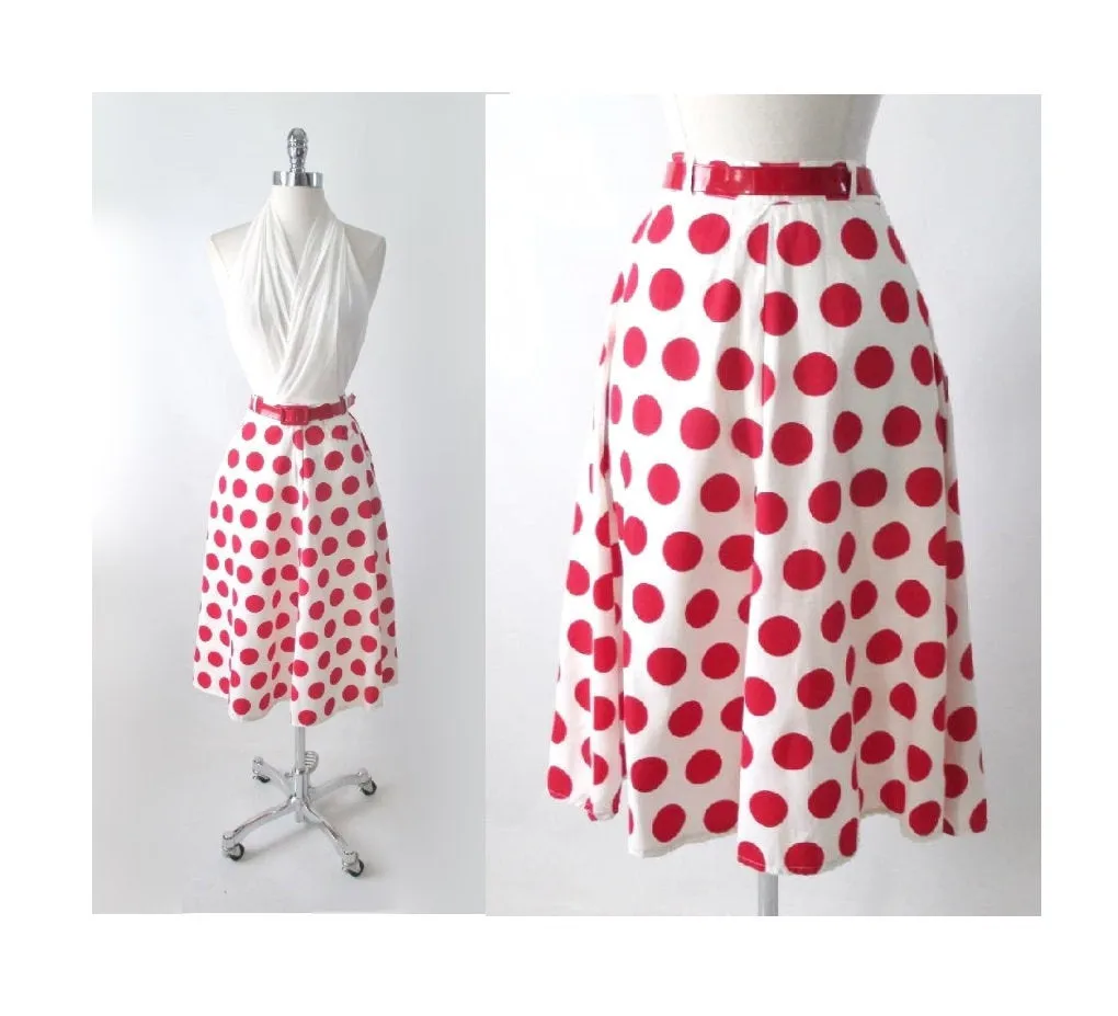Vintage 70's 40's  White Red Polka Dot A Line Swing Skirt S