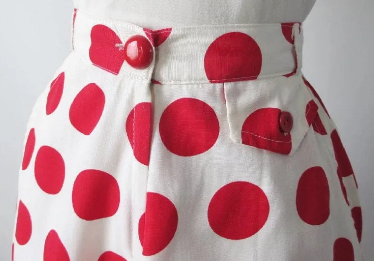Vintage 70's 40's  White Red Polka Dot A Line Swing Skirt S