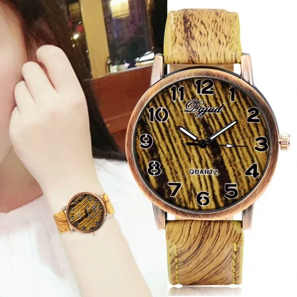 Vintage Style Women Analog Wooden Synthetic Leather Watchband Quartz Casual Watch Wristwatch