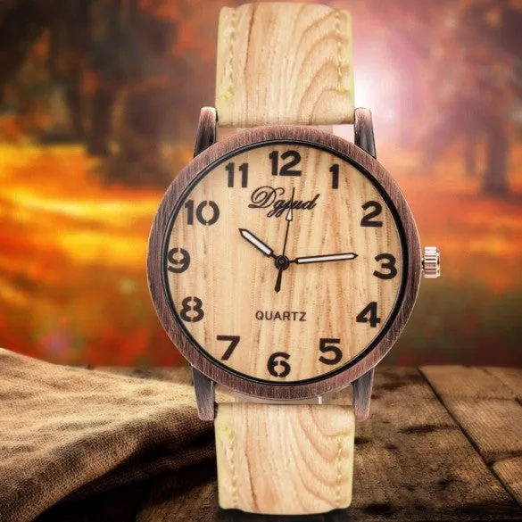 Vintage Style Women Analog Wooden Synthetic Leather Watchband Quartz Casual Watch Wristwatch