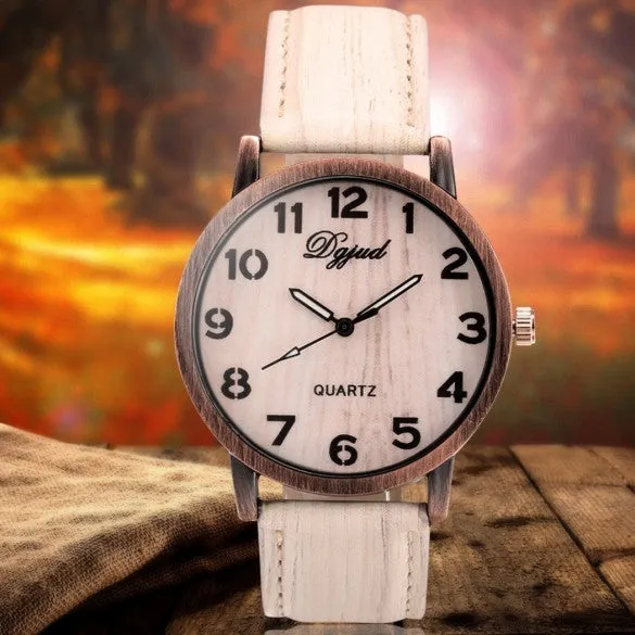 Vintage Style Women Analog Wooden Synthetic Leather Watchband Quartz Casual Watch Wristwatch