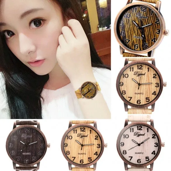 Vintage Style Women Analog Wooden Synthetic Leather Watchband Quartz Casual Watch Wristwatch