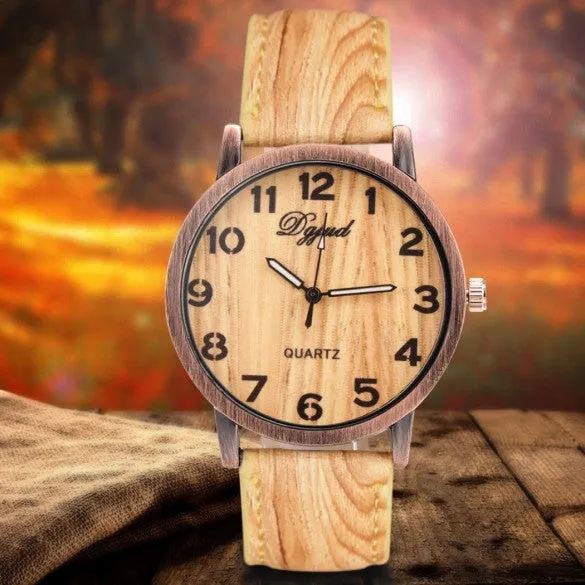 Vintage Style Women Analog Wooden Synthetic Leather Watchband Quartz Casual Watch Wristwatch