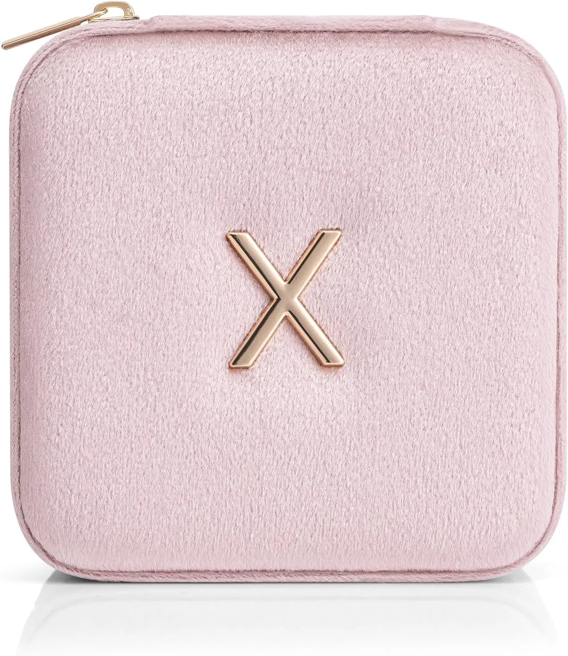 Vlando Small Travel Jewelry Box Organizer Display Case for Rings Earrings Necklaces Storage, Selected Soft Velvet, Letter X Engraved, Pink