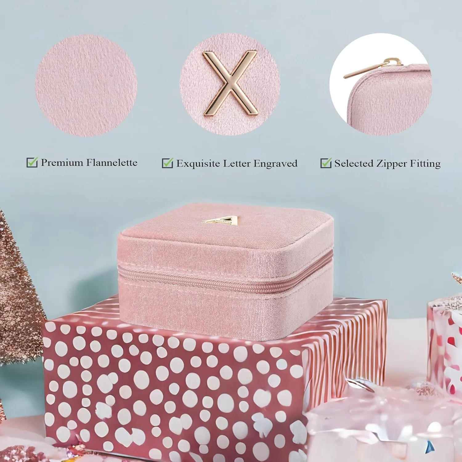 Vlando Small Travel Jewelry Box Organizer Display Case for Rings Earrings Necklaces Storage, Selected Soft Velvet, Letter X Engraved, Pink