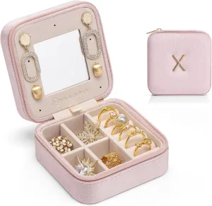 Vlando Small Travel Jewelry Box Organizer Display Case for Rings Earrings Necklaces Storage, Selected Soft Velvet, Letter X Engraved, Pink