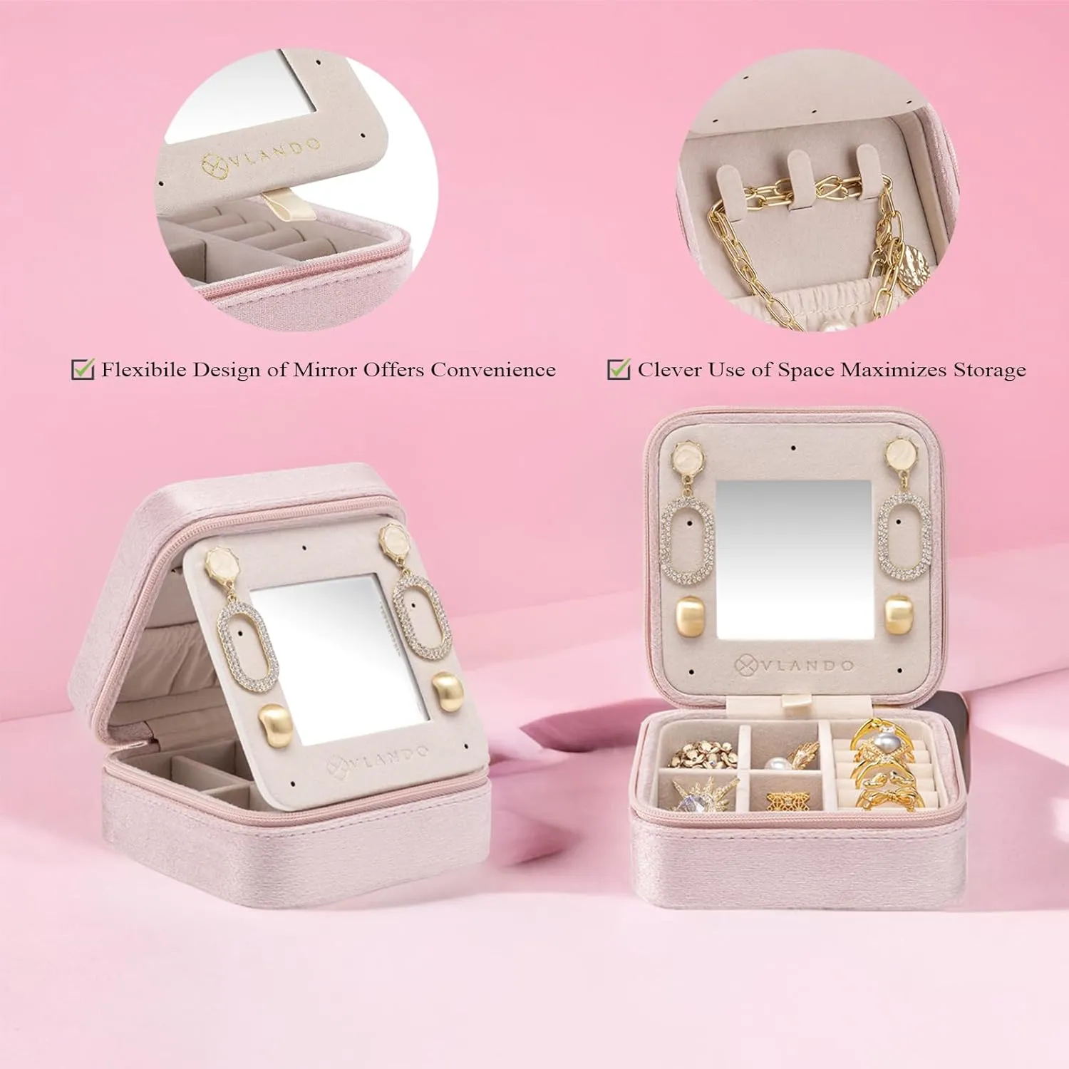Vlando Small Travel Jewelry Box Organizer Display Case for Rings Earrings Necklaces Storage, Selected Soft Velvet, Letter X Engraved, Pink
