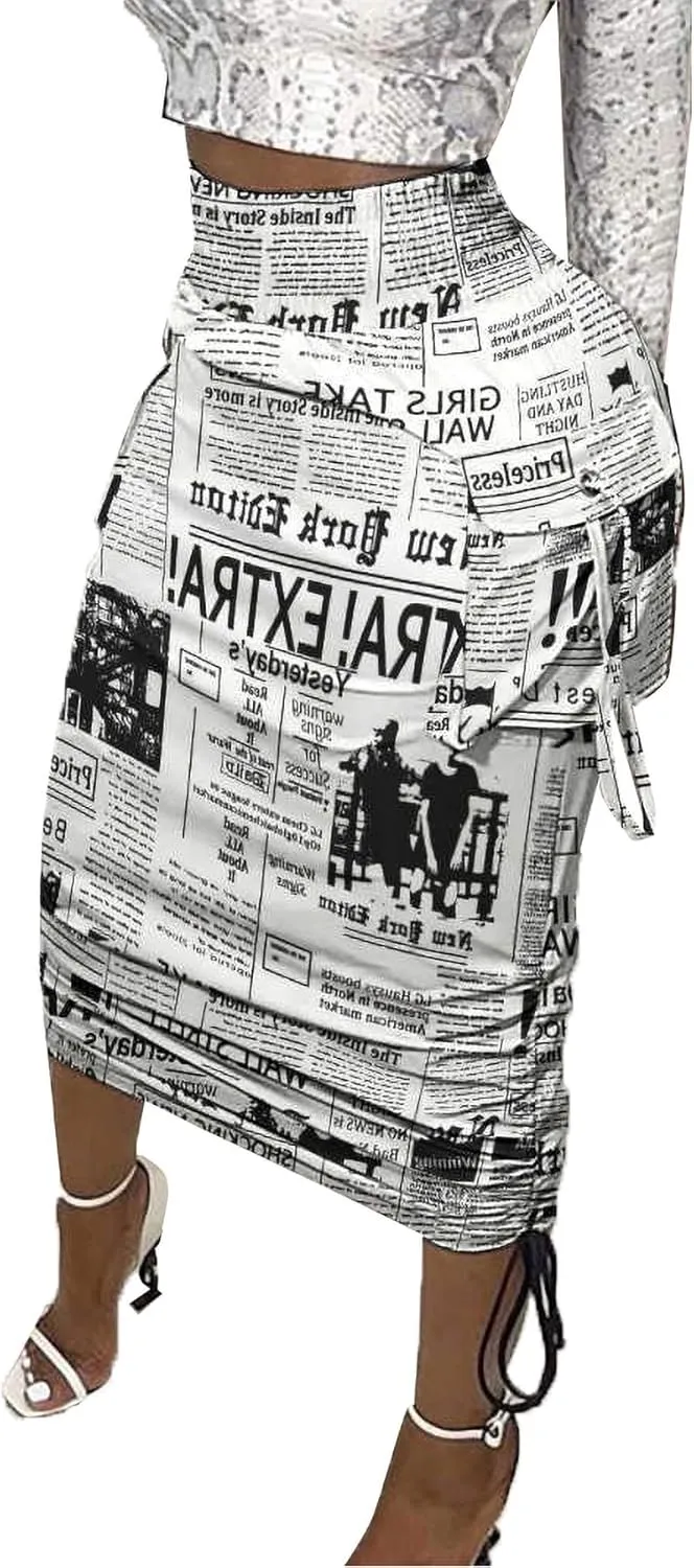 Voghtic Camo Skirts for Women High Waisted Ruched Drawstring Long Pencil Skirts with Pockets