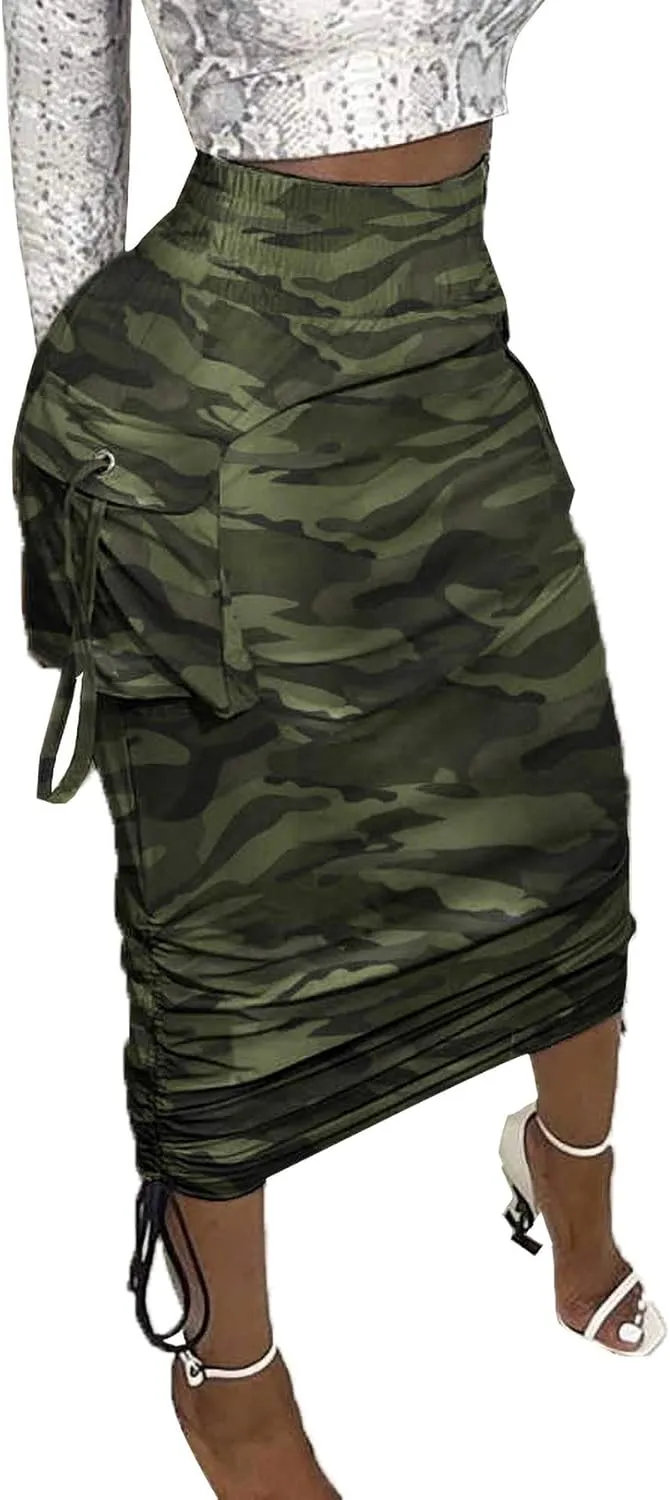Voghtic Camo Skirts for Women High Waisted Ruched Drawstring Long Pencil Skirts with Pockets
