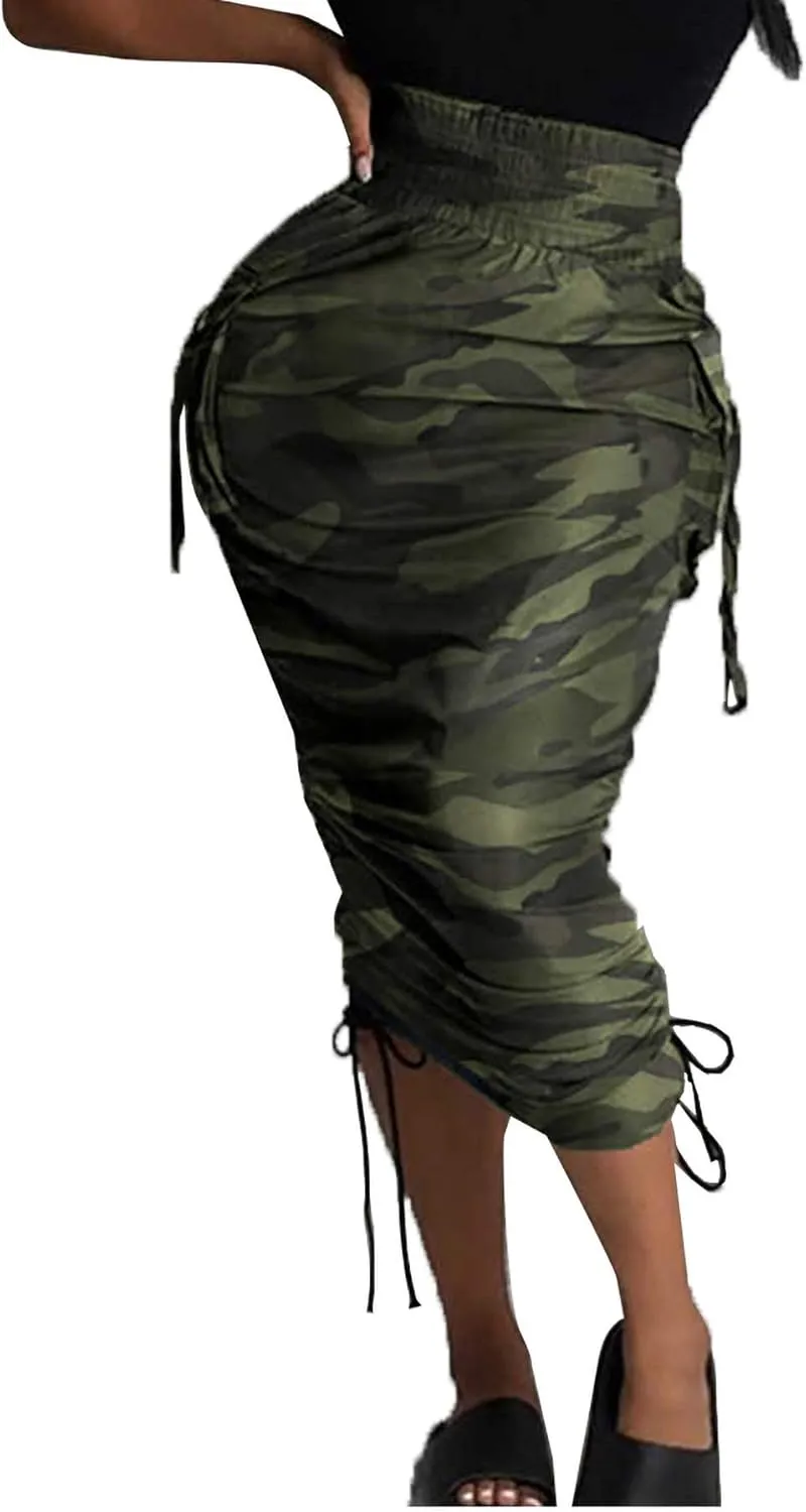 Voghtic Camo Skirts for Women High Waisted Ruched Drawstring Long Pencil Skirts with Pockets