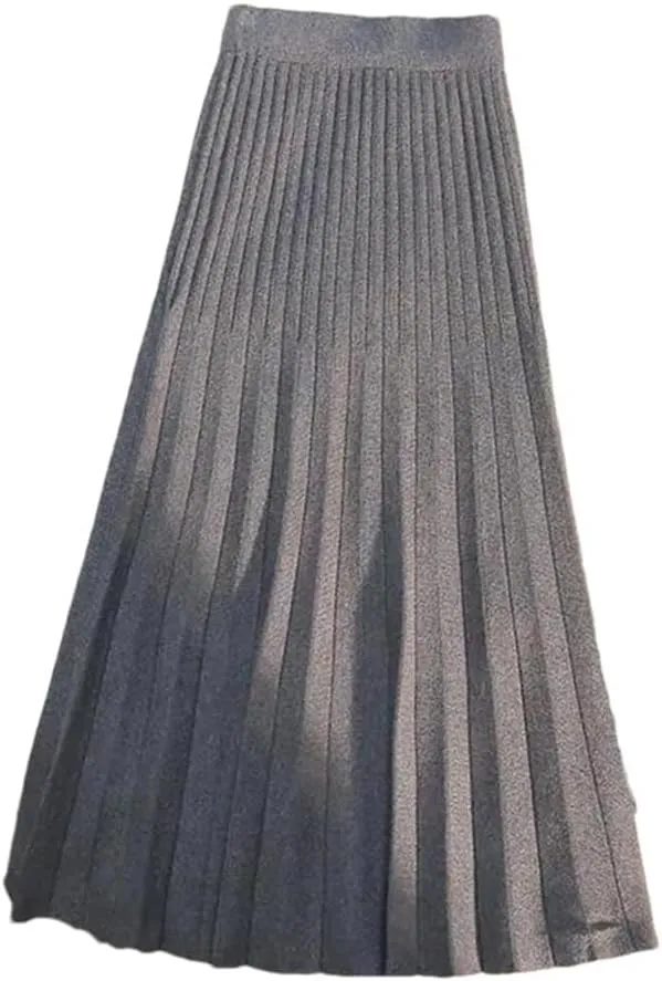 Vsadsau Women's Knitted Midi Skirt Stretch High Waisted Solid Color A-Line Retro Pleated Skirts
