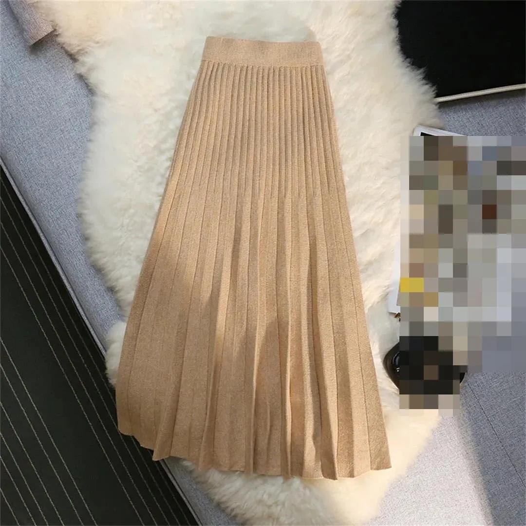 Vsadsau Women's Knitted Midi Skirt Stretch High Waisted Solid Color A-Line Retro Pleated Skirts