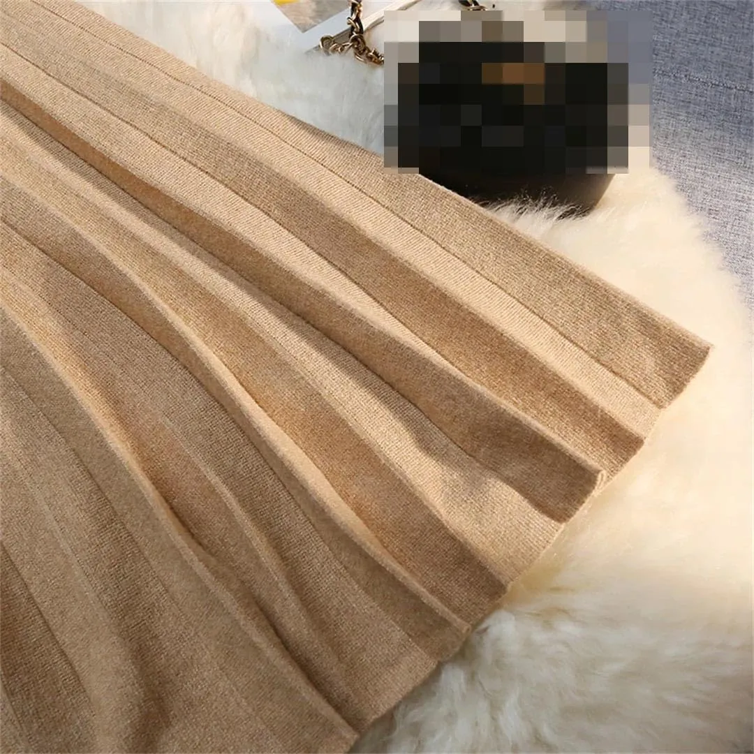 Vsadsau Women's Knitted Midi Skirt Stretch High Waisted Solid Color A-Line Retro Pleated Skirts