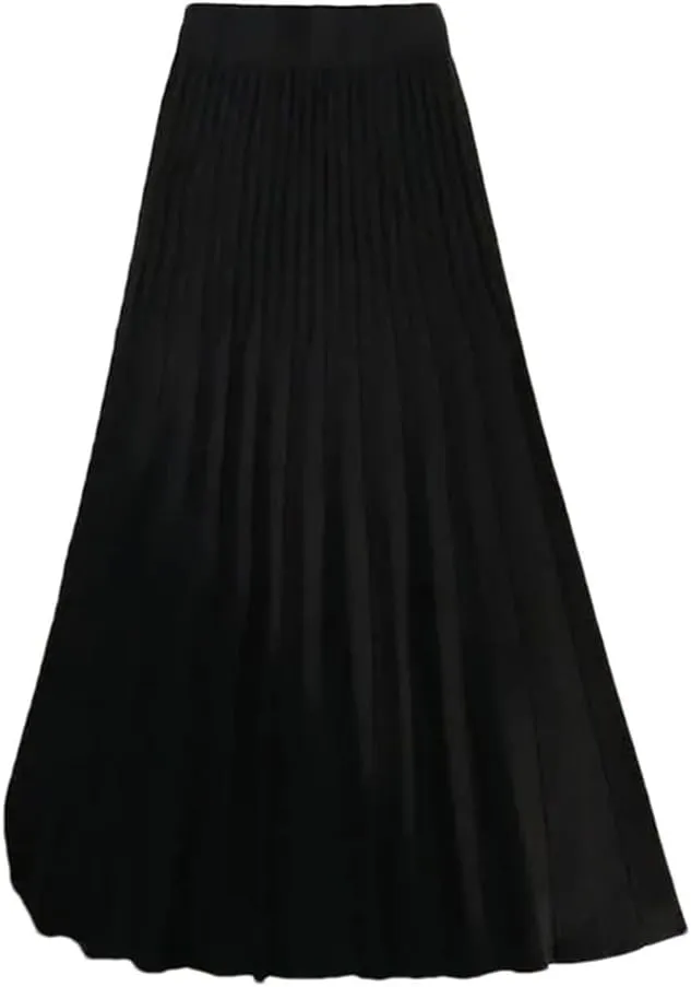 Vsadsau Women's Knitted Midi Skirt Stretch High Waisted Solid Color A-Line Retro Pleated Skirts