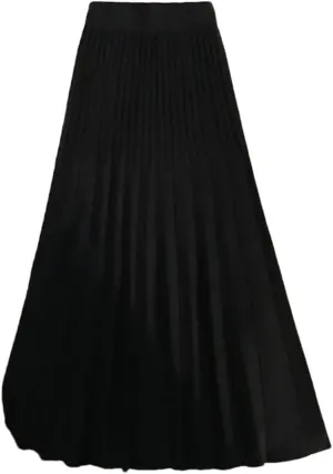 Vsadsau Women's Knitted Midi Skirt Stretch High Waisted Solid Color A-Line Retro Pleated Skirts