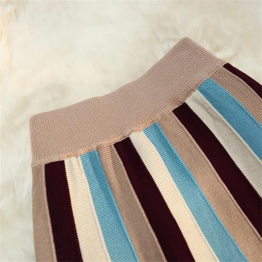Vsadsau Women's Knitted Midi Skirt Winter Retro Striped Stretch High Waist A-Line Pleated Skirts