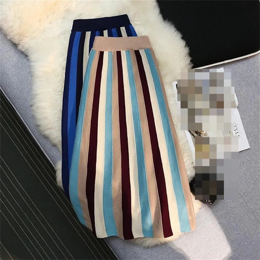 Vsadsau Women's Knitted Midi Skirt Winter Retro Striped Stretch High Waist A-Line Pleated Skirts