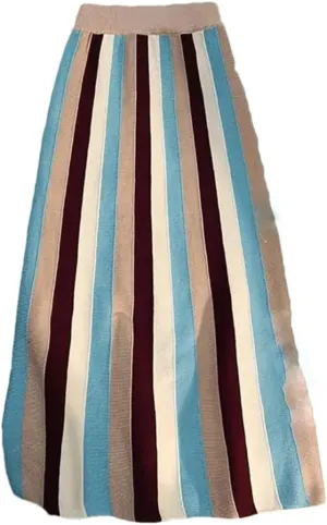 Vsadsau Women's Knitted Midi Skirt Winter Retro Striped Stretch High Waist A-Line Pleated Skirts