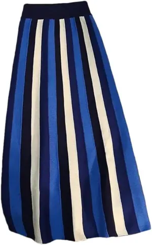 Vsadsau Women's Knitted Midi Skirt Winter Retro Striped Stretch High Waist A-Line Pleated Skirts
