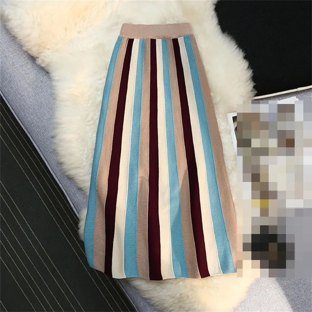Vsadsau Women's Knitted Midi Skirt Winter Retro Striped Stretch High Waist A-Line Pleated Skirts