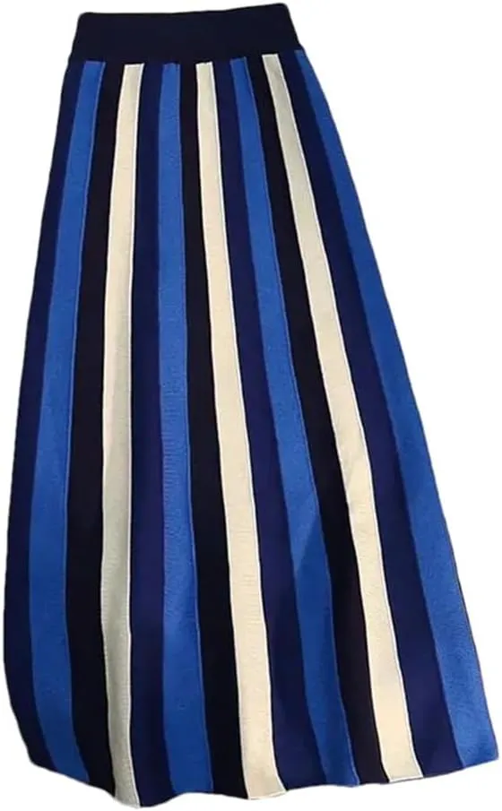 Vsadsau Women's Knitted Midi Skirt Winter Retro Striped Stretch High Waist A-Line Pleated Skirts