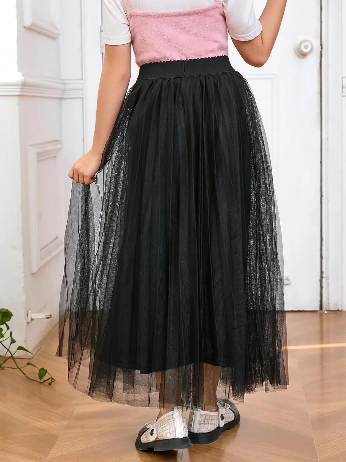 WDIRARA Girl's Mesh Pleated Skirt Elastic High Waist A Line Long Tulle Skirts