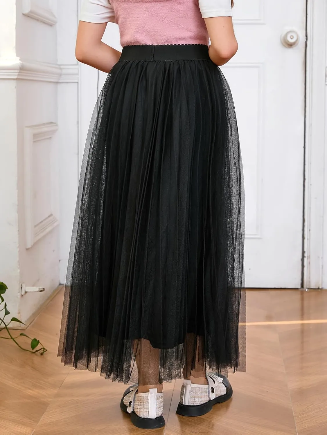 WDIRARA Girl's Mesh Pleated Skirt Elastic High Waist A Line Long Tulle Skirts