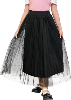 WDIRARA Girl's Mesh Pleated Skirt Elastic High Waist A Line Long Tulle Skirts