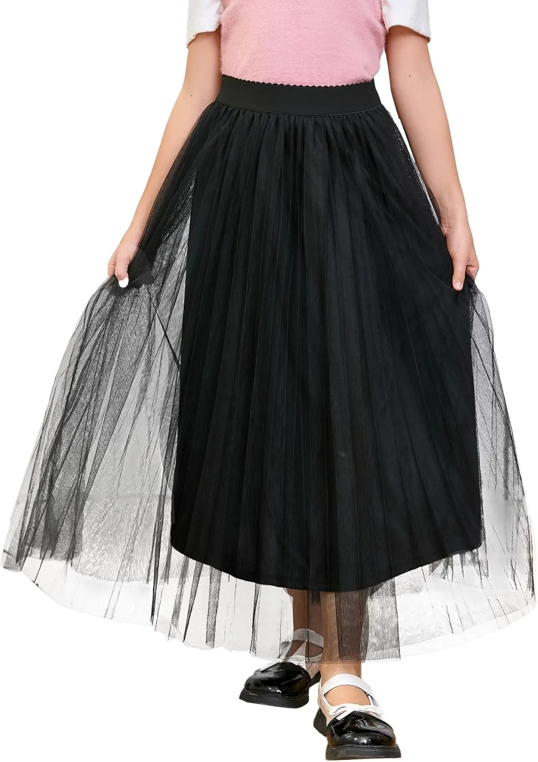 WDIRARA Girl's Mesh Pleated Skirt Elastic High Waist A Line Long Tulle Skirts
