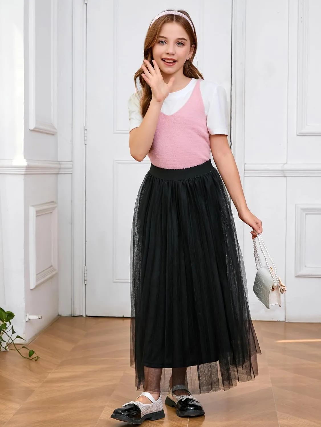 WDIRARA Girl's Mesh Pleated Skirt Elastic High Waist A Line Long Tulle Skirts