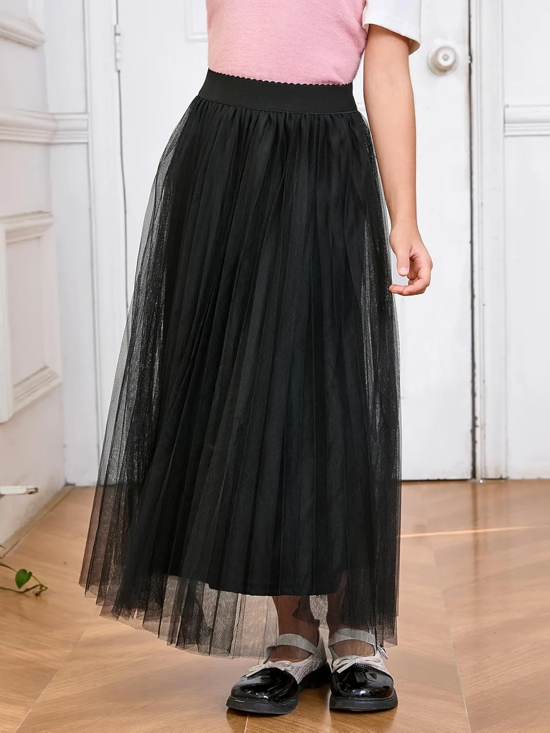 WDIRARA Girl's Mesh Pleated Skirt Elastic High Waist A Line Long Tulle Skirts