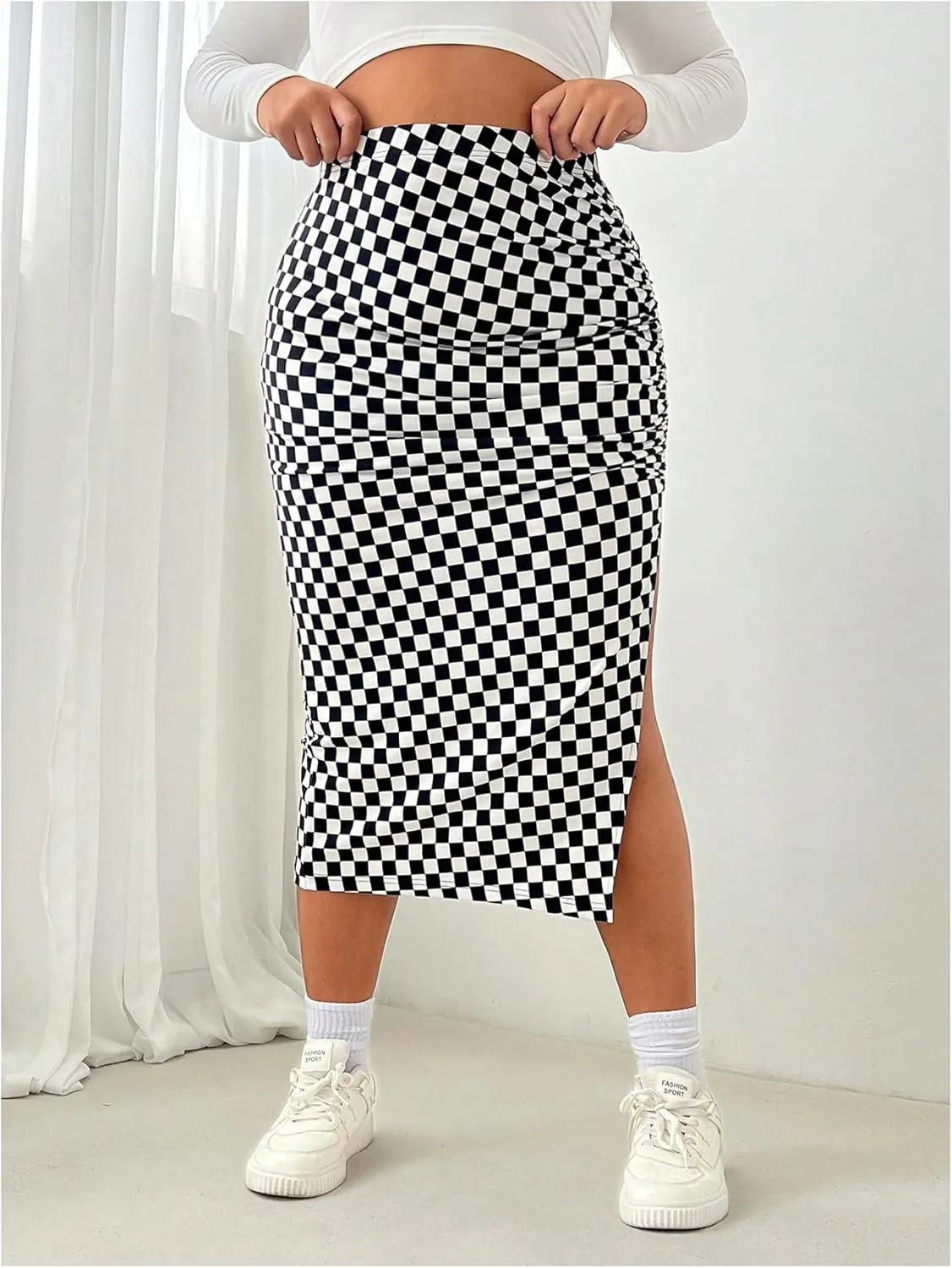 WDIRARA Women's Plus Size Checkered Ruched Midi Skirt High Waist Split Thigh Pencil Skirts