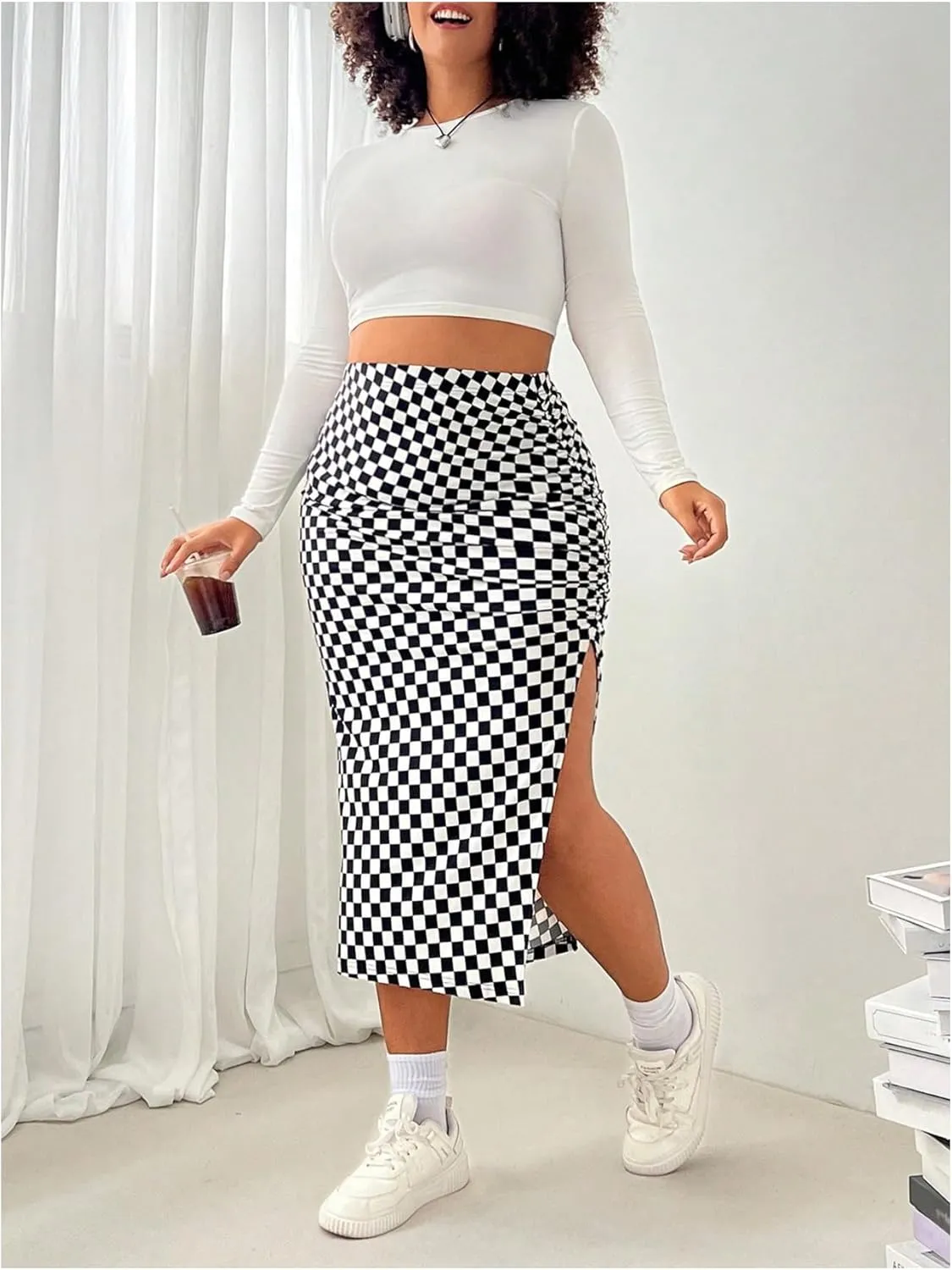 WDIRARA Women's Plus Size Checkered Ruched Midi Skirt High Waist Split Thigh Pencil Skirts