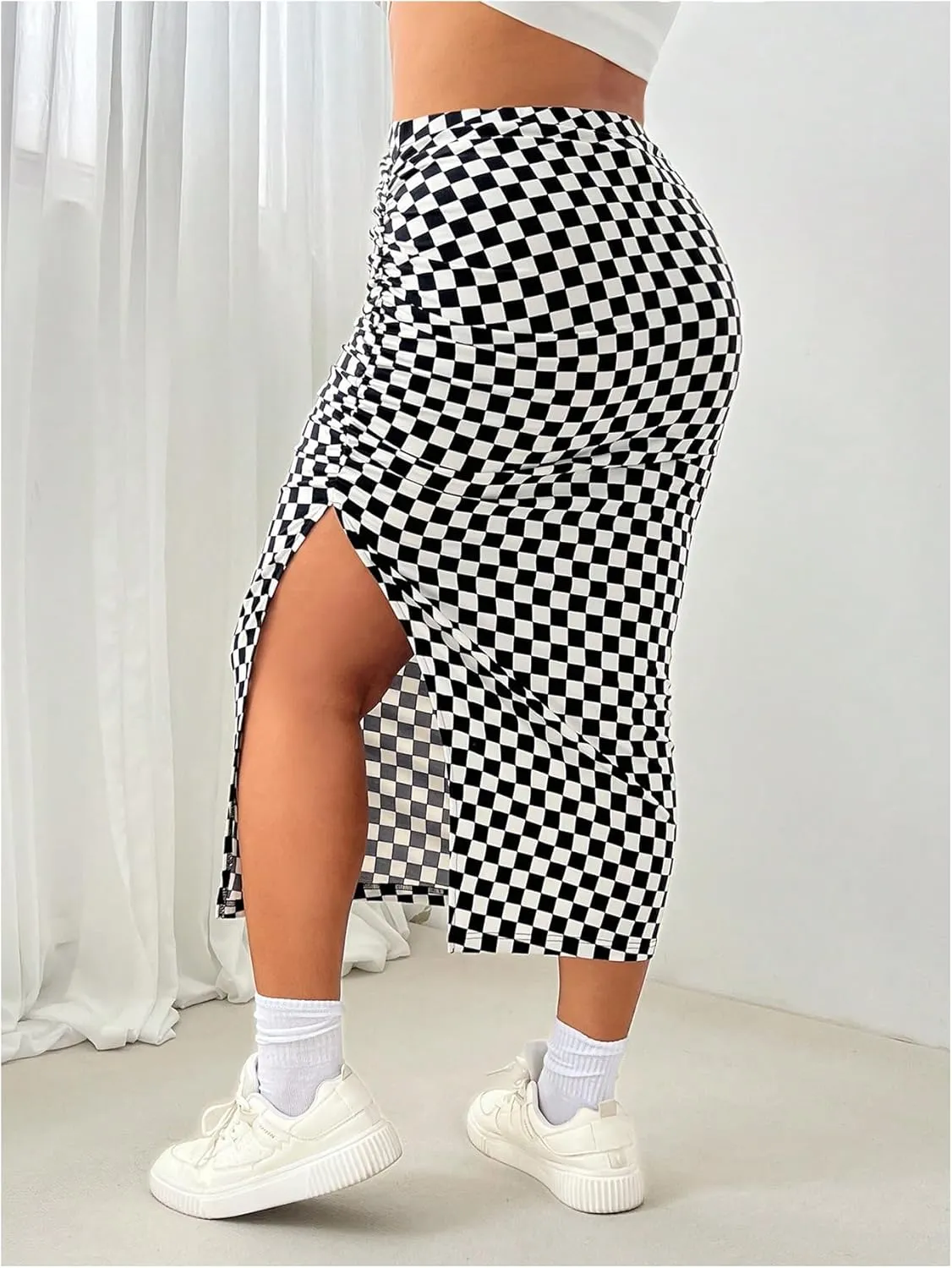 WDIRARA Women's Plus Size Checkered Ruched Midi Skirt High Waist Split Thigh Pencil Skirts