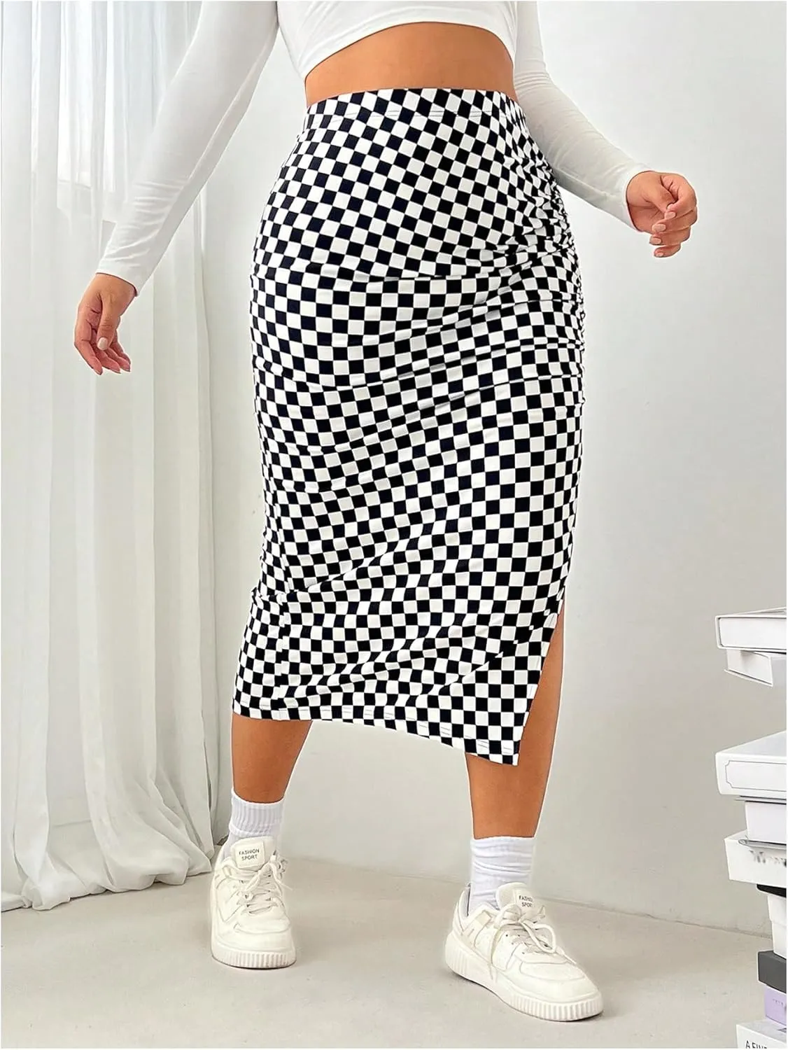 WDIRARA Women's Plus Size Checkered Ruched Midi Skirt High Waist Split Thigh Pencil Skirts
