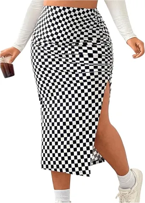 WDIRARA Women's Plus Size Checkered Ruched Midi Skirt High Waist Split Thigh Pencil Skirts