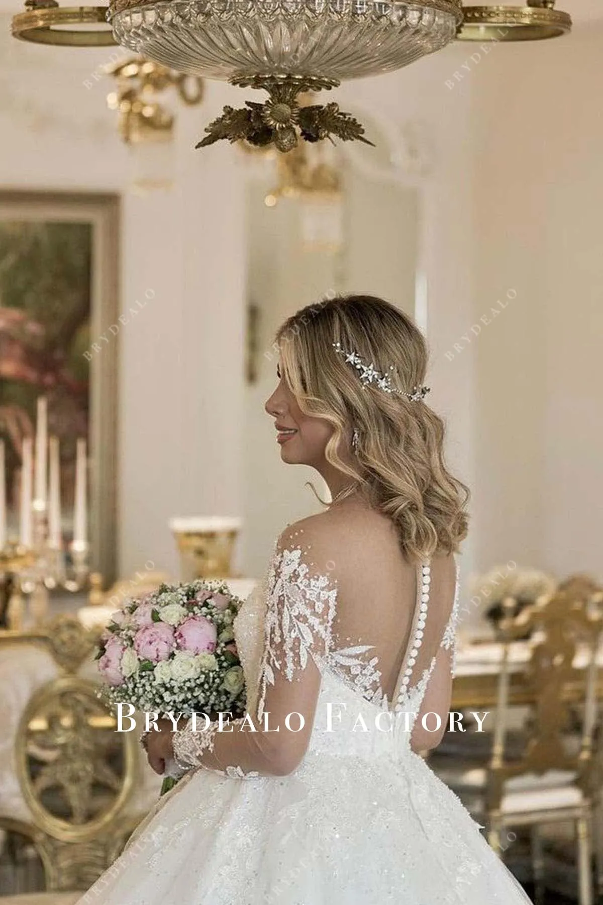 White Beaded Lace Appliques Long Train Wedding Dress