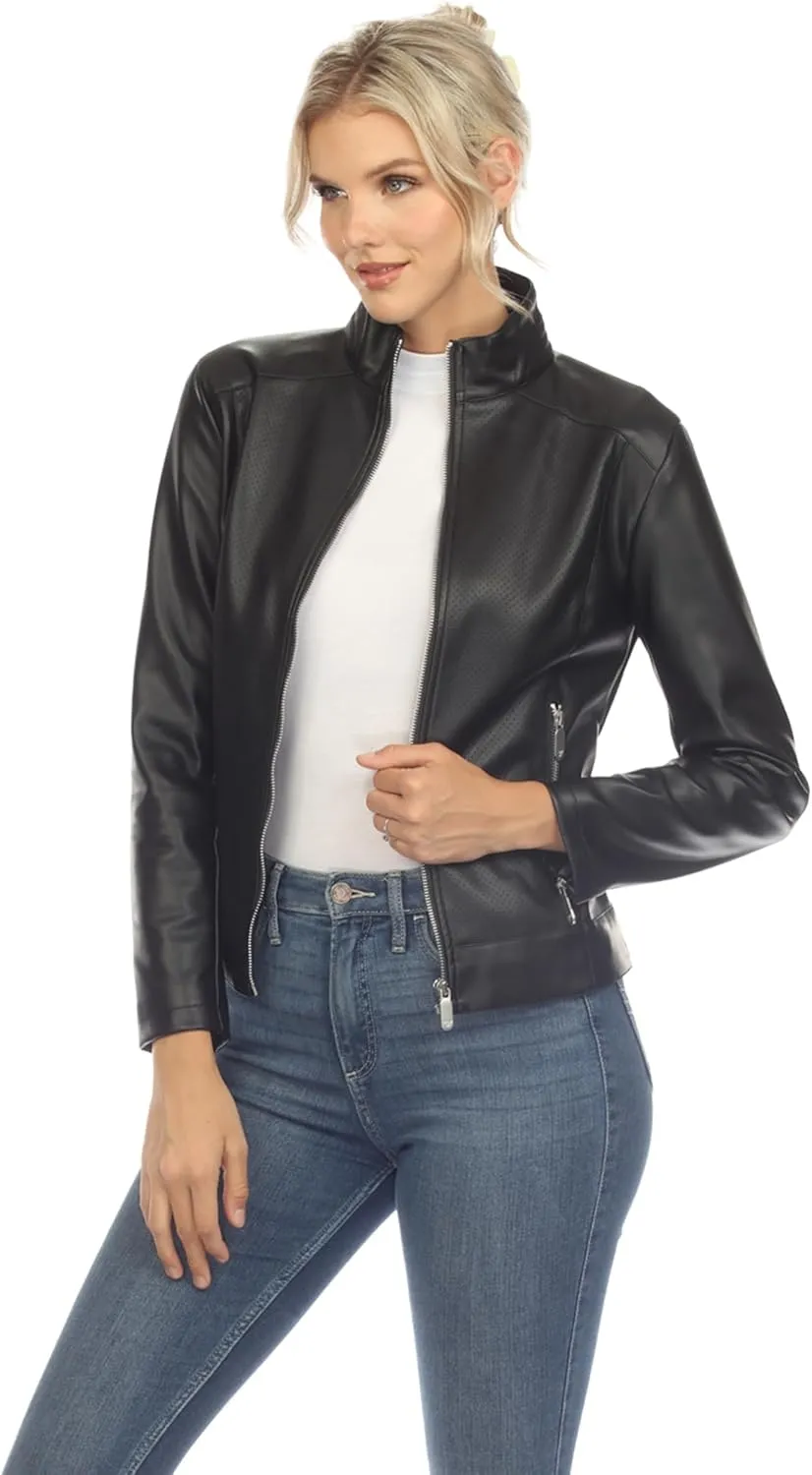 white mark Women's Classic Biker Faux Leather Jacket