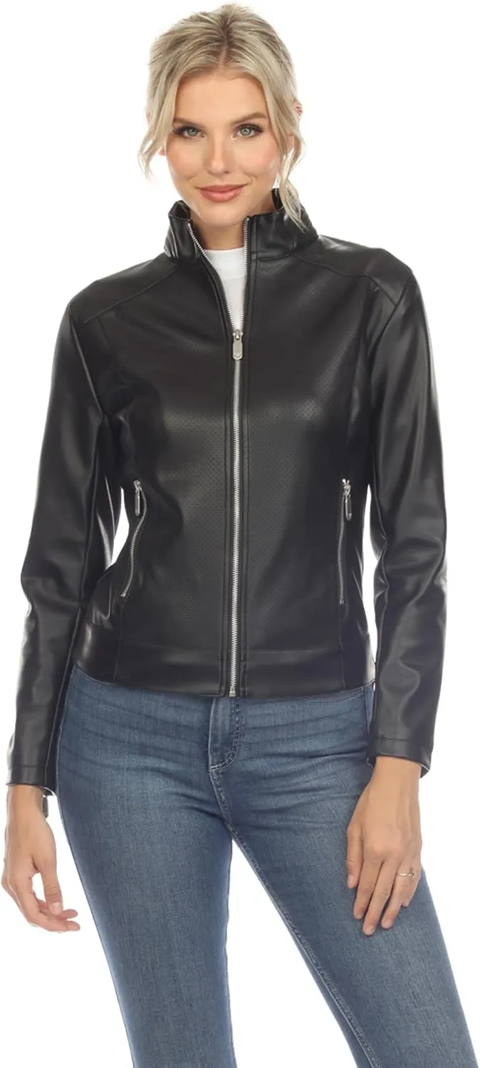 white mark Women's Classic Biker Faux Leather Jacket